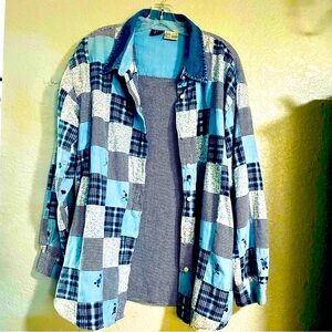 DCC Blue & White Patchwork Long Sleeve Shirt Size 22/24 Flower & Checkered